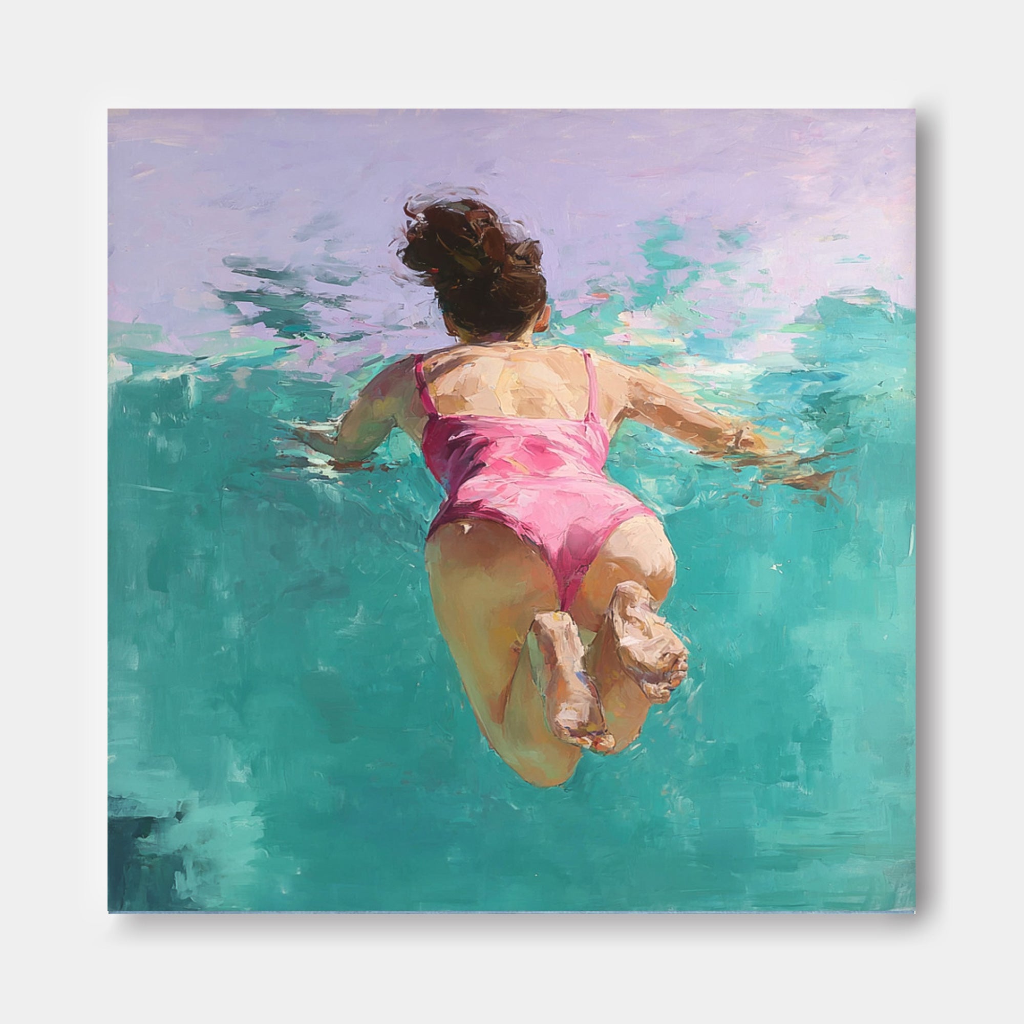 Color Original Girl swimming Wall Art Diving In Ocean Sensual Woman Acrylic Painting Cute Lady Artwork