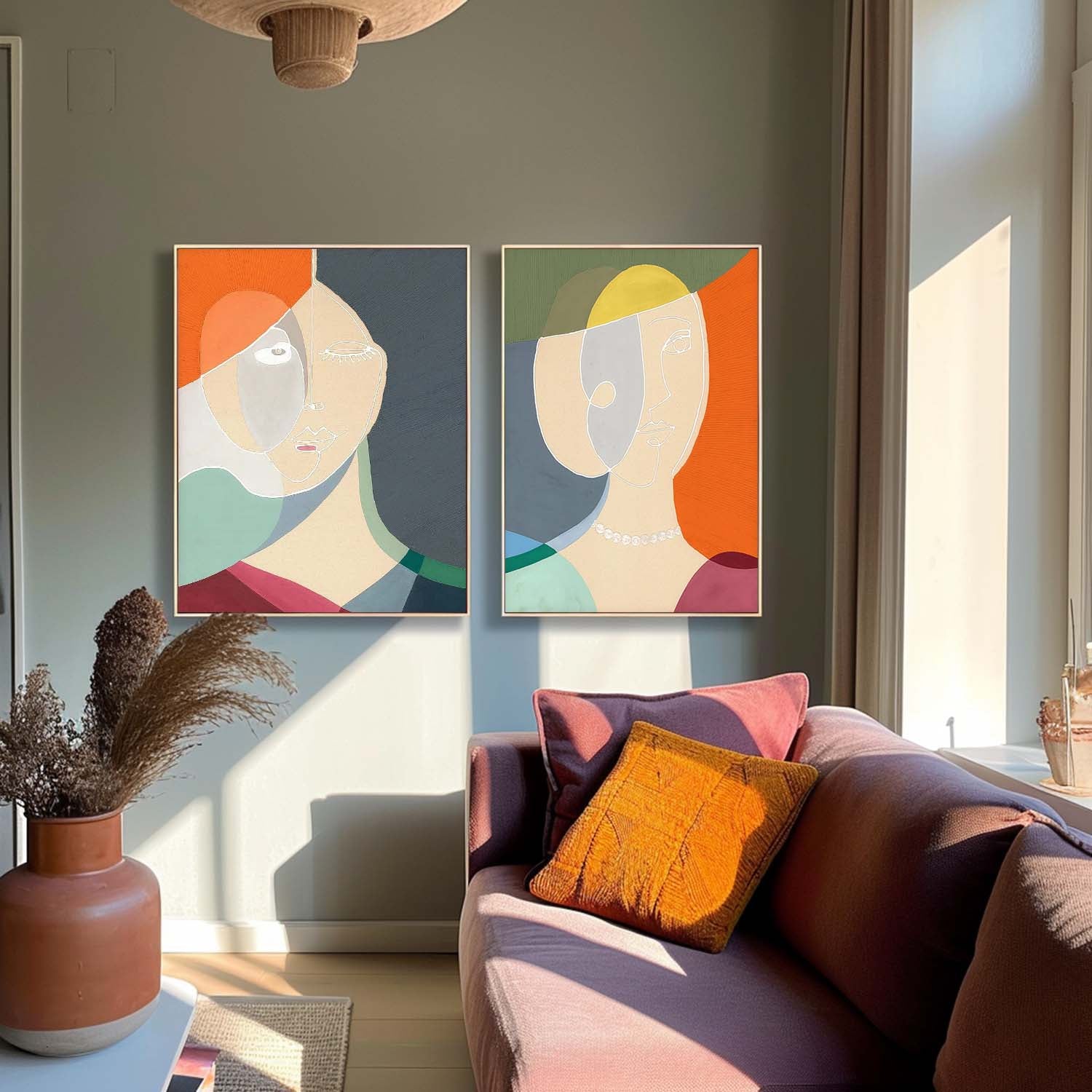 Set of 2 Original Nordic Style Wall Art Minimalism Colorful Abstract Line Artwork Large Figure Painting Gift