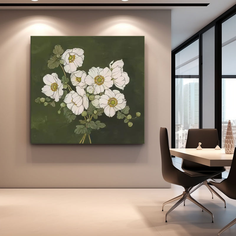 Large Abstract Daisy Flowers Paintings Square Contemporary Flower Paintings Wall Art Green Artwork