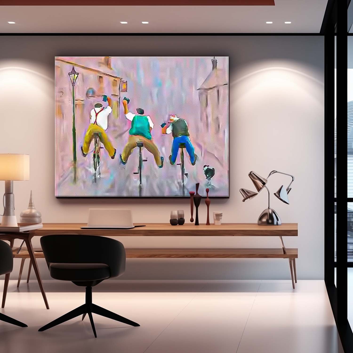 Large Man Rding A Bicycle Wall Art Abstract Oil Painting Original Medieval style Artwork For Living Room