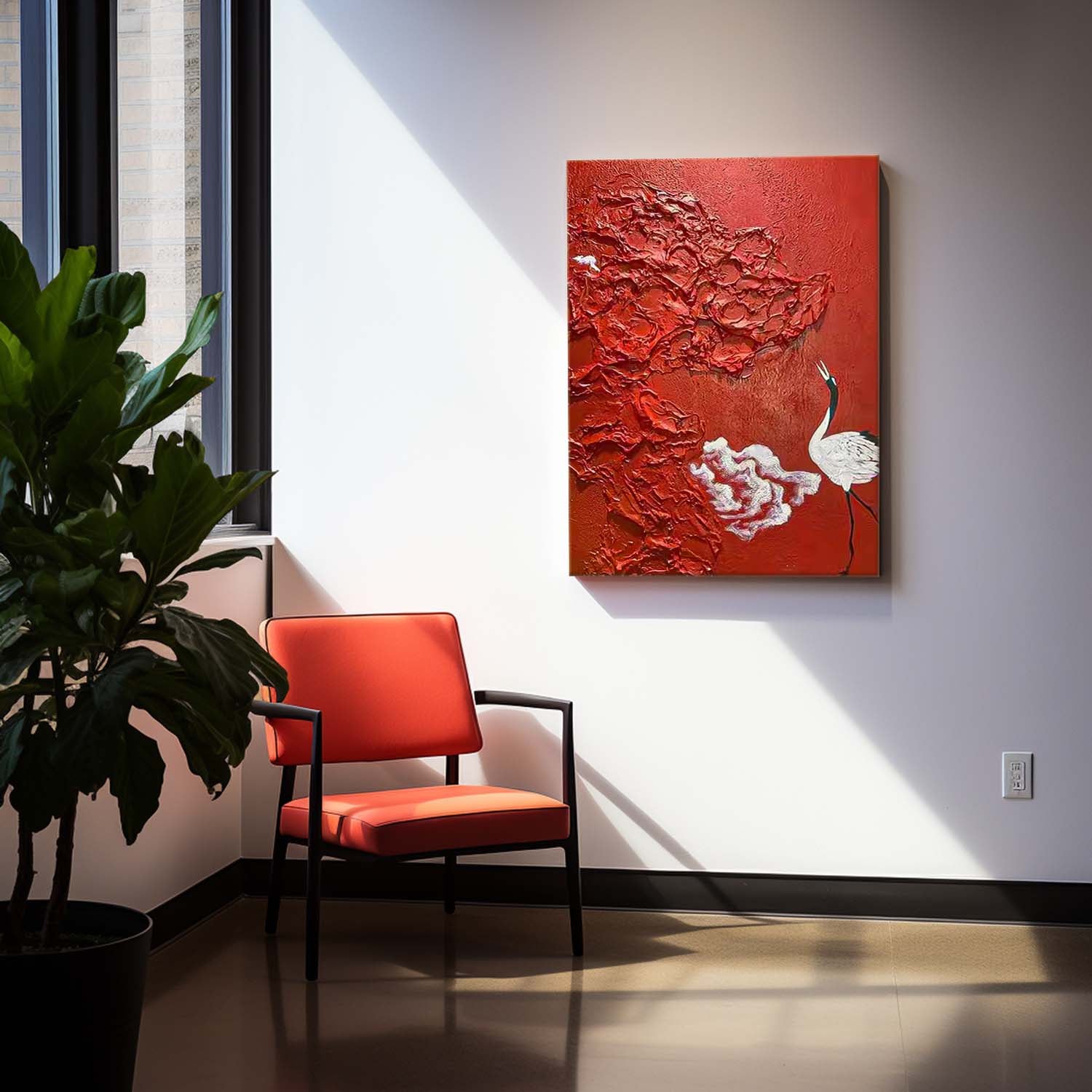 Bright Red Oil Painting Modern Thick Texture Crane Oil Painting Impressionist  Crane Animal Wall Art