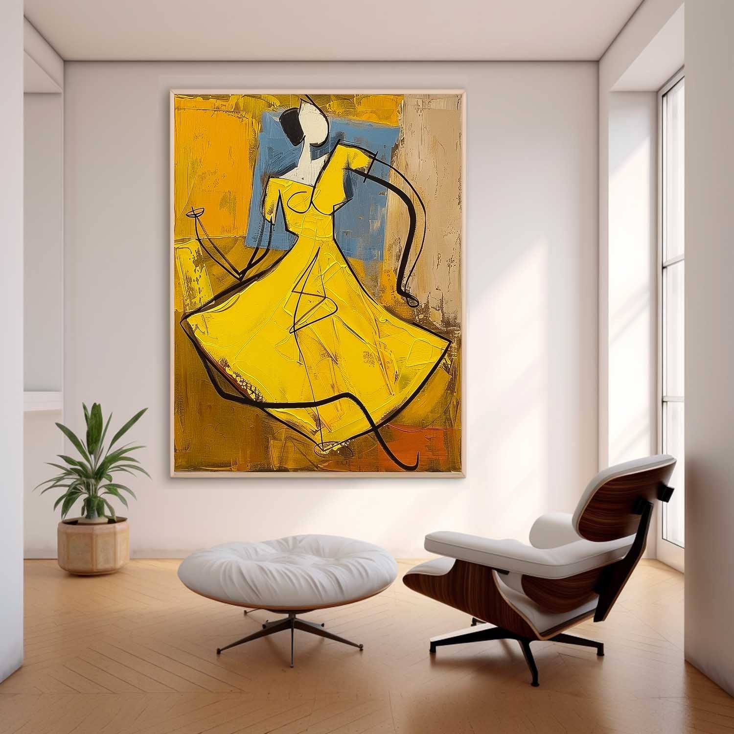 Large Dancing Woman Painting Framed Original Lady Wall Art Abstract Yellow Dress Artwork Home Decor