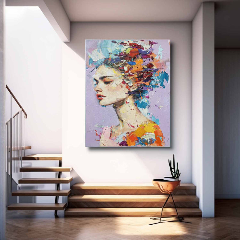 Original Wall Art Abstract Lady Painting Colorful Face Artwork Large Portrait Painting For Living Room