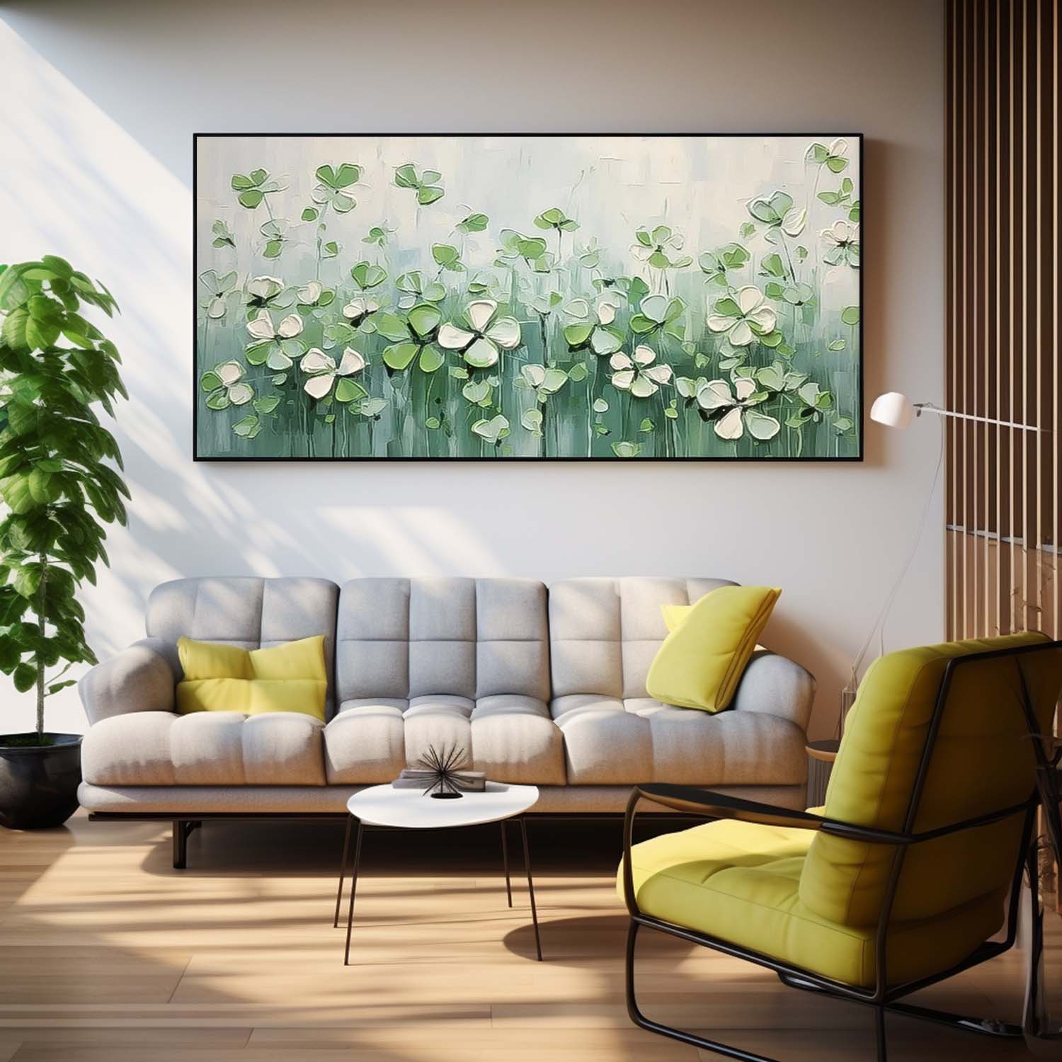 Large Green Four Leaf Clover Wall Art Textured Flower Acrylic Painting Original Painting On Canvas Framed Decor