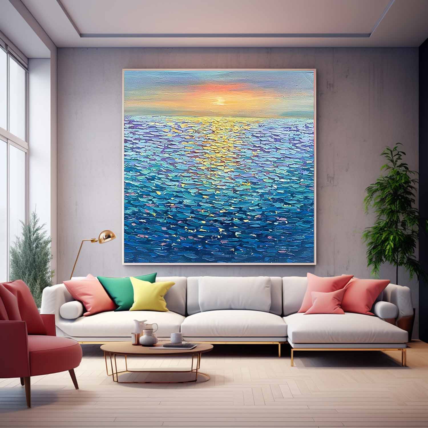 Large Blue Sea Surface Wall Art Modern Oil Painting Abstract Sunset Texture Acrylic Painting Home Decoration