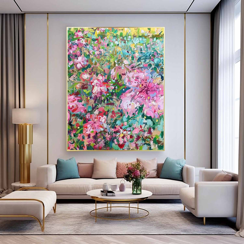 Pink Floral Green leaves Abstract Acrylic Wall Art Custom Painting On Canvas For Living Room