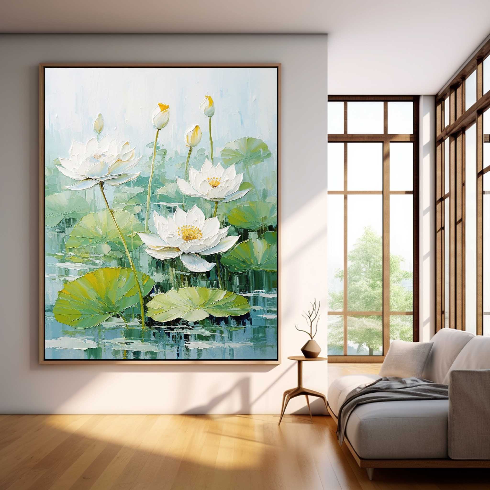 Impressionism Lotus Leaves And White Lotus Flowers Painting Framed Large Floral Textured Abstract Acrylic Wall Art