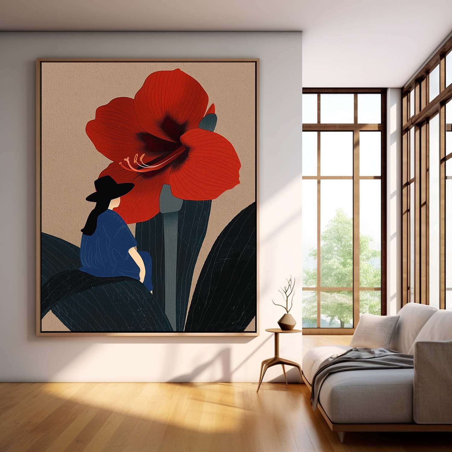 Large Figure Painting Original Girl On Flowers Wall Art Illustration style Abstract Artwork For Living Room