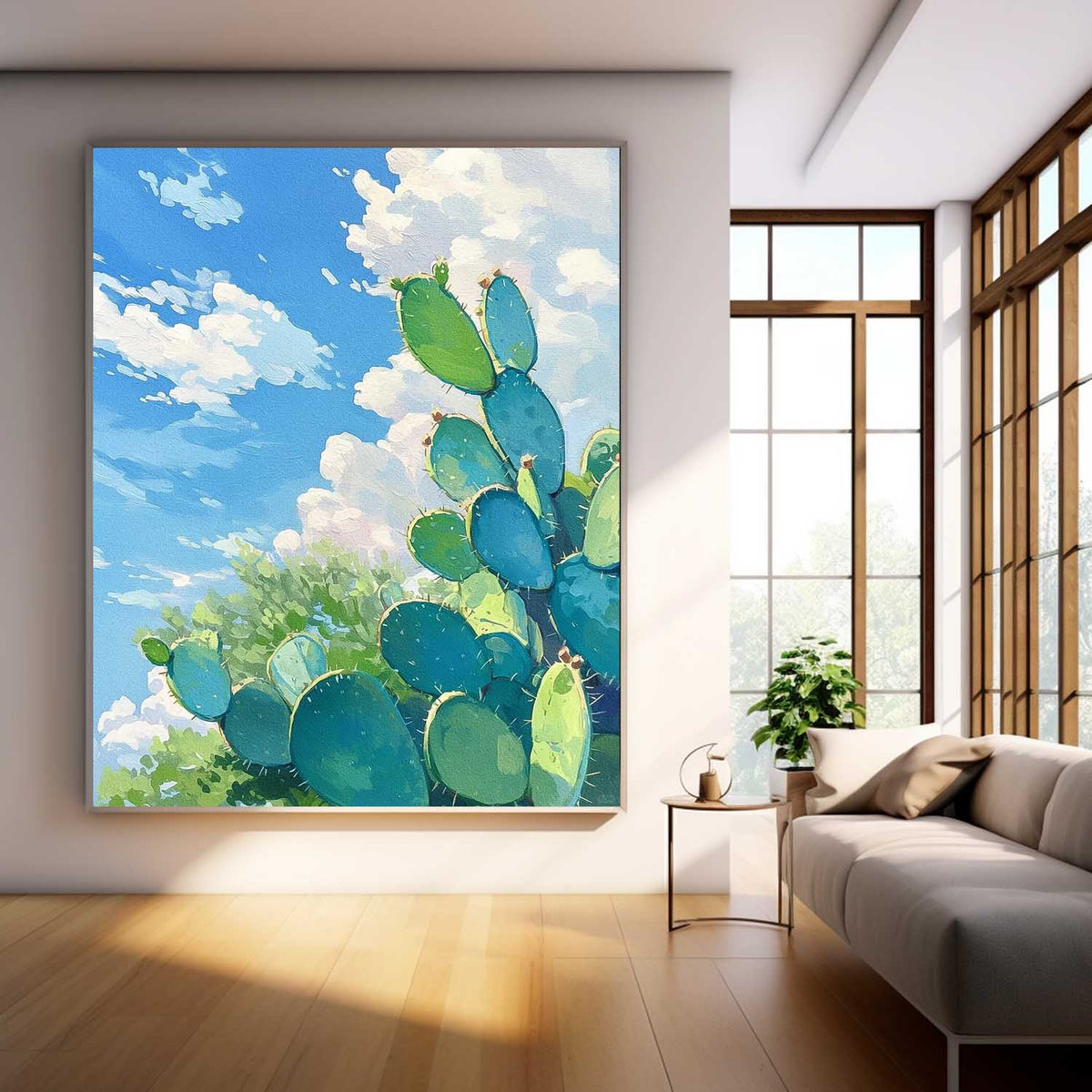 Abstract Scenery Oil Painting Large Cute Cactus Painting On Canvas Bright Landscape Texture For Living Room