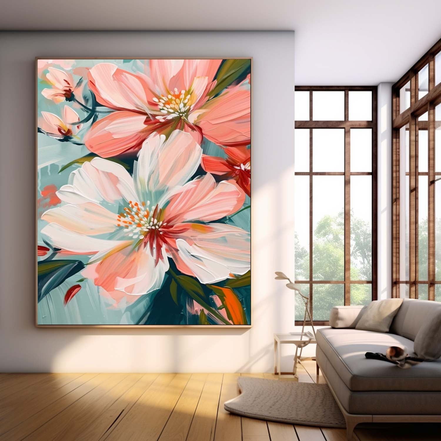 Large Textured Floral Art Original Abstract Peach Blossom Painting Flowers Acrylic Painting Canvas Framed