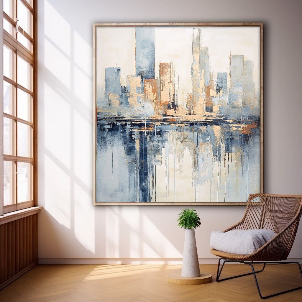 Modern Abstract Cityscape Oil Painting Large Texture Painting On Canvas Blue and Beige Wall Art Home Decor