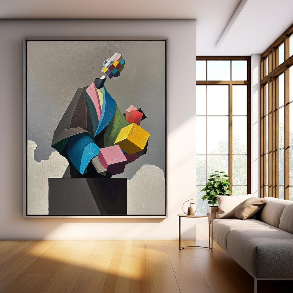 Original Large Abstract Portrait Wall Art Textured Geometric Shapes People Painting Canvas Home Decor