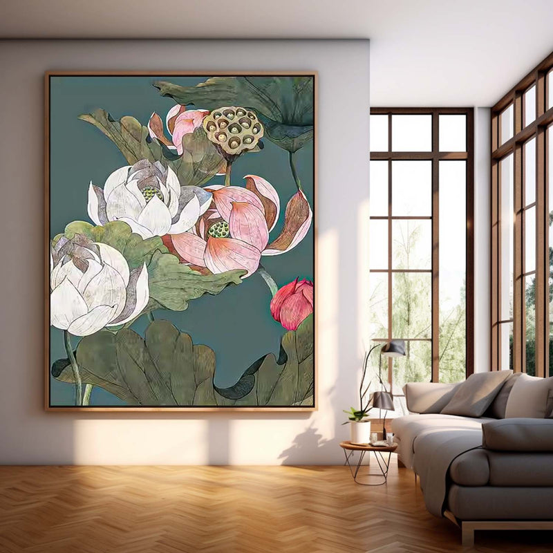 Original National Style Artwork Oil Painting On Canvas Realism Lotus Flowers Acrylic Painting For Living Room