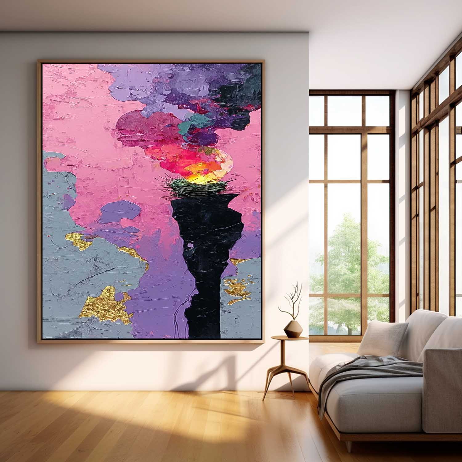 Original Bird's Nest Flames Painting Bright Texture Acrylic painting Abstract Large Wall Art Fashion Art