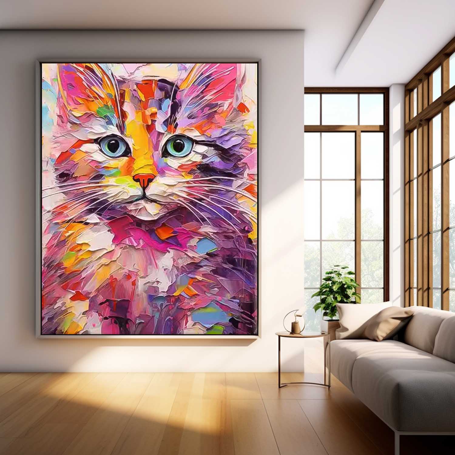 Vibrant Color Cat Oil Painting Modern Colorful Texture Animal Oil Painting Impressionist Kitty Wall Art