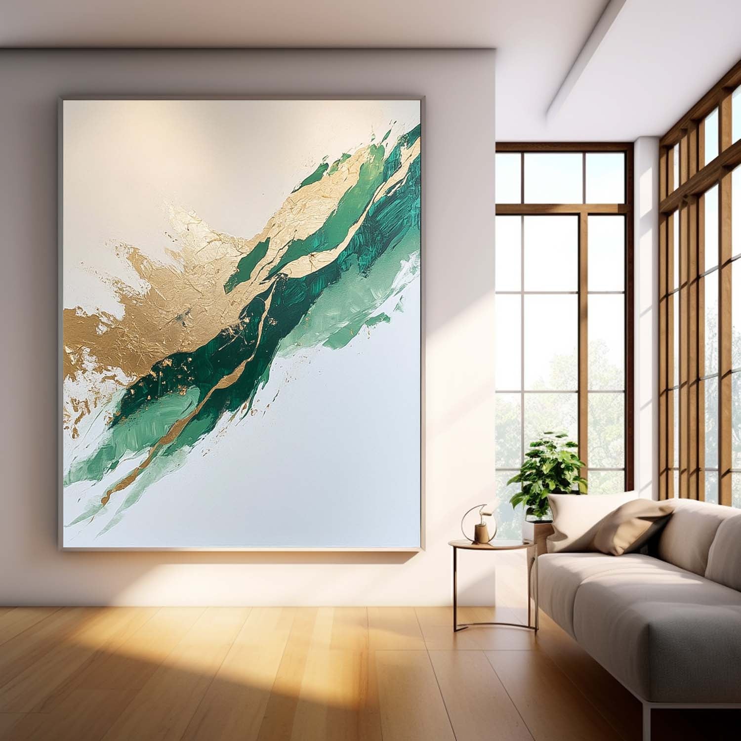 Large Green Modern Acrylic Painting On Canvas Gold Texture Abstract Oil Painting High Quality Original Artwork