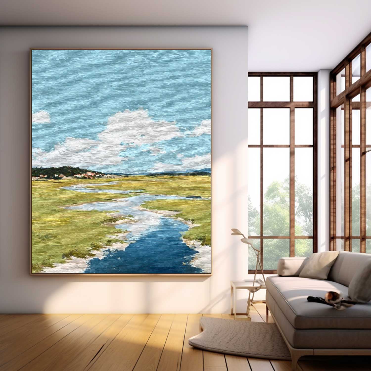 Abstract Vllage Scenery Oil Painting Framed Tranquil Landscape Artwork Large Wall Art Home Decor