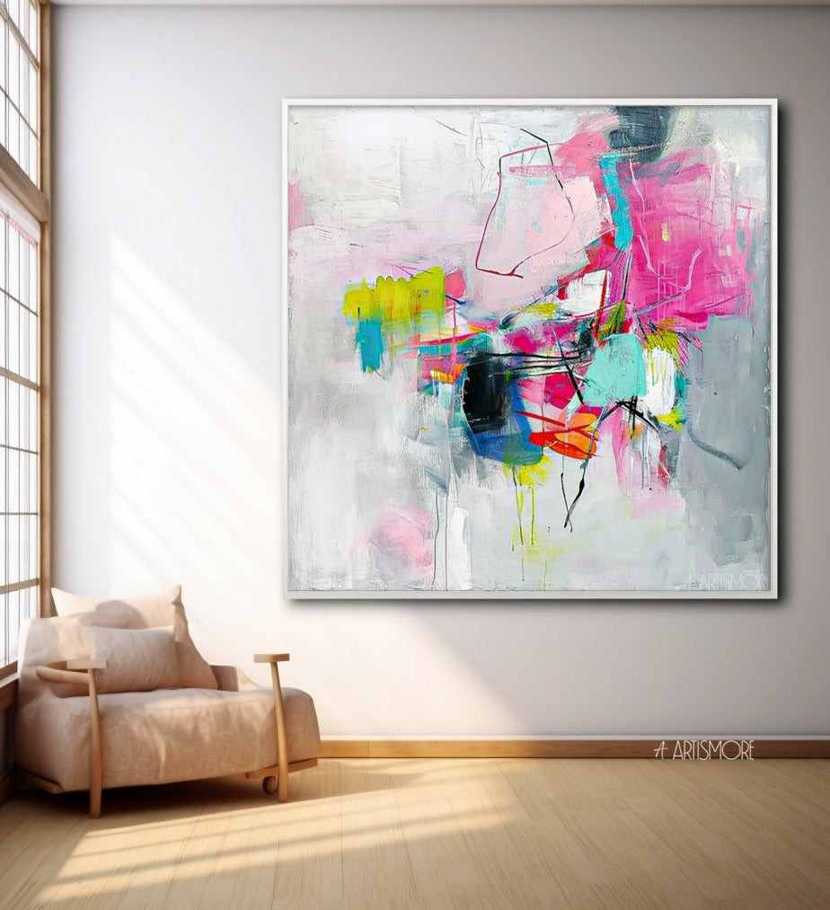 Bright Abstract Wall Art Framed Acrylic Large Square Modern Abstract Painting For Sale