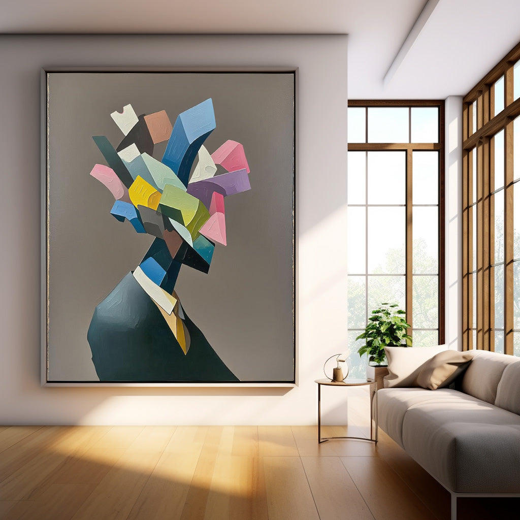 Large Abstract Portrait Wall Art  Original Textured Geometric Shapes People Painting Canvas Home Decor