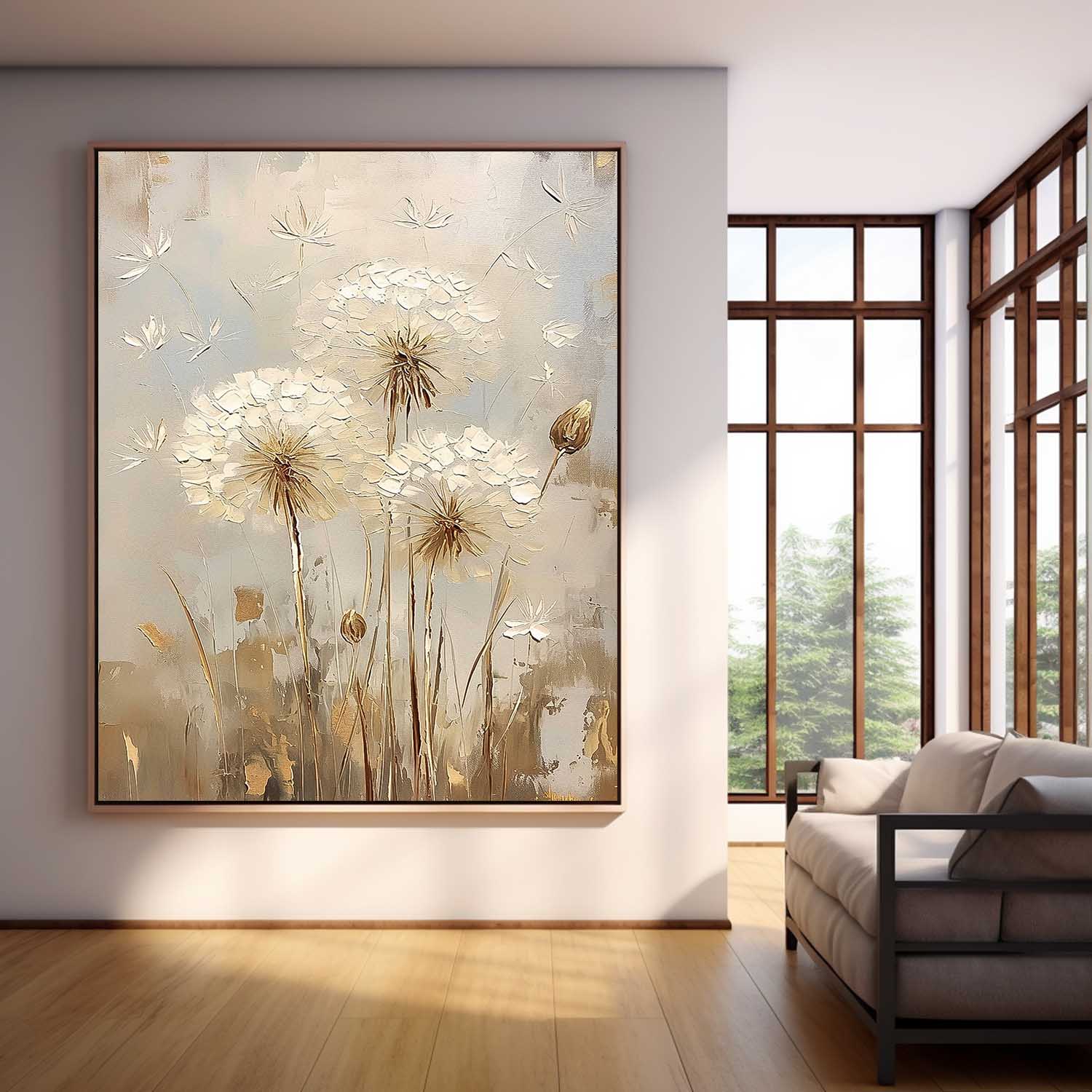 Abstract Flower Oil Painting on Canvas Delicate Dandelion Painting Wall Decor Large Original Texture Flowers Art