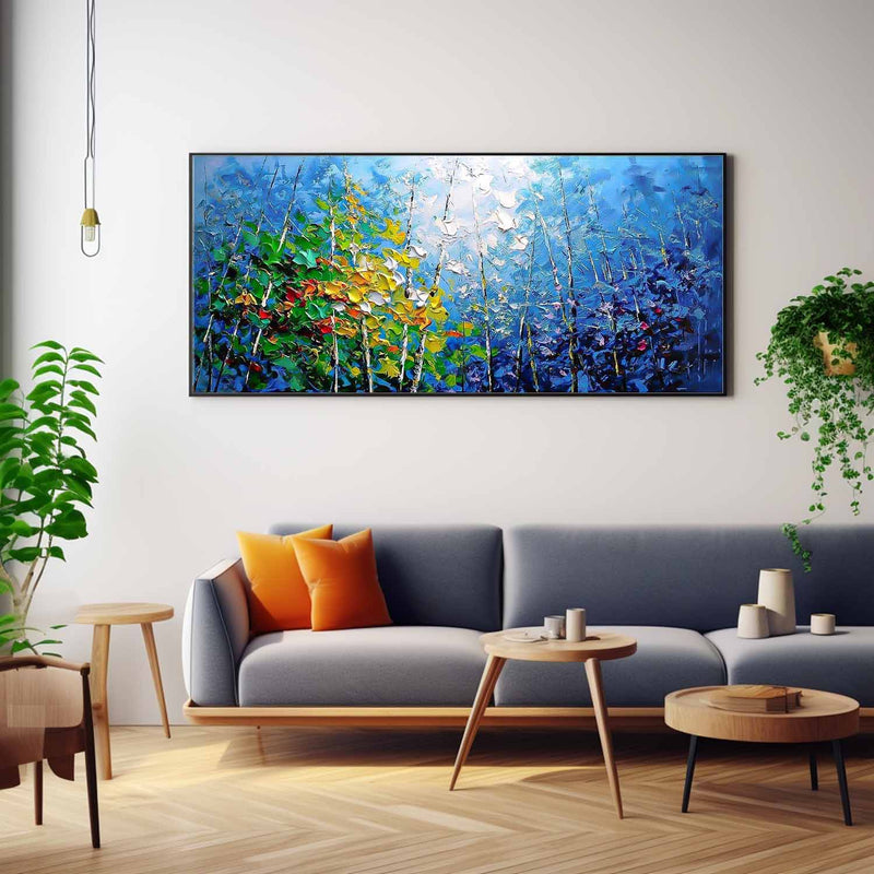 Large Wall Art Blue Forest Textured Floral Acrylic Painting Original Modern Impasto Painting On Canvas
