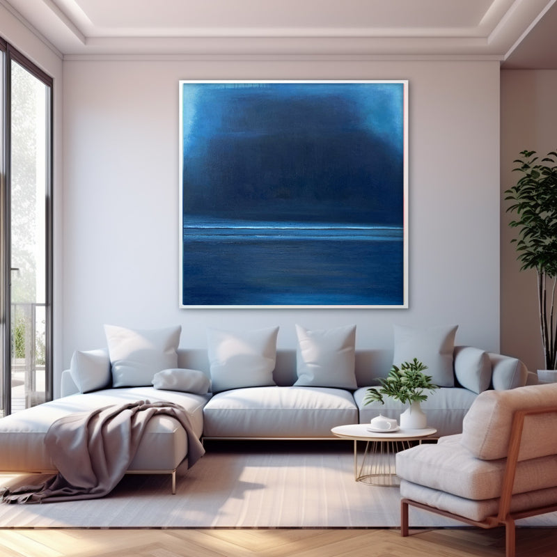 Blue Modern Minimalist Canvas Painting Acrylic Large Abstract Wall Art Framed Wall Decor Free Shipping