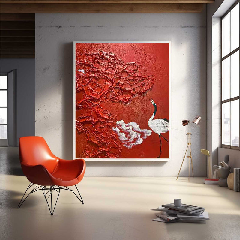 Bright Red Oil Painting Modern Thick Texture Crane Oil Painting Impressionist  Crane Animal Wall Art
