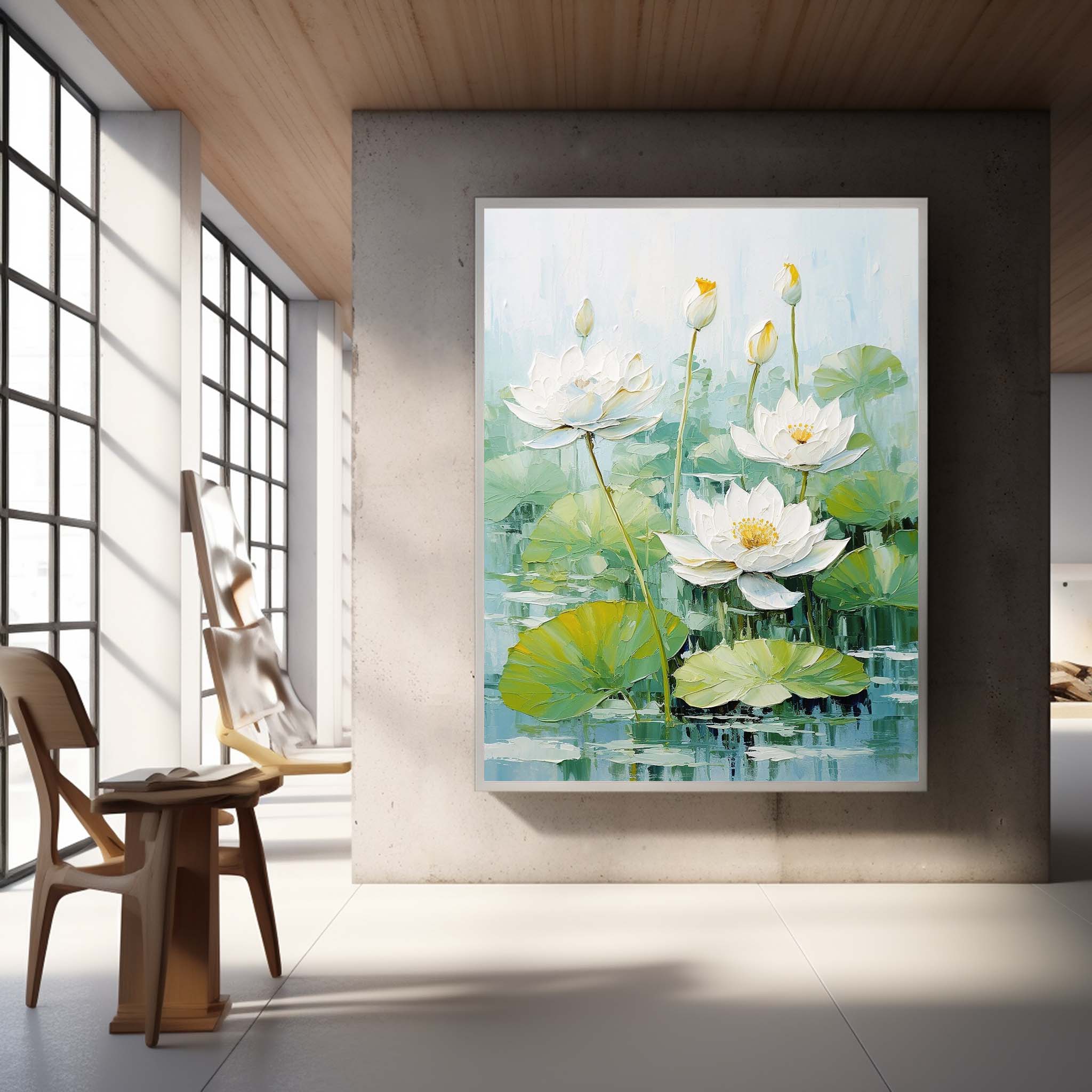 Impressionism Lotus Leaves And White Lotus Flowers Painting Framed Large Floral Textured Abstract Acrylic Wall Art