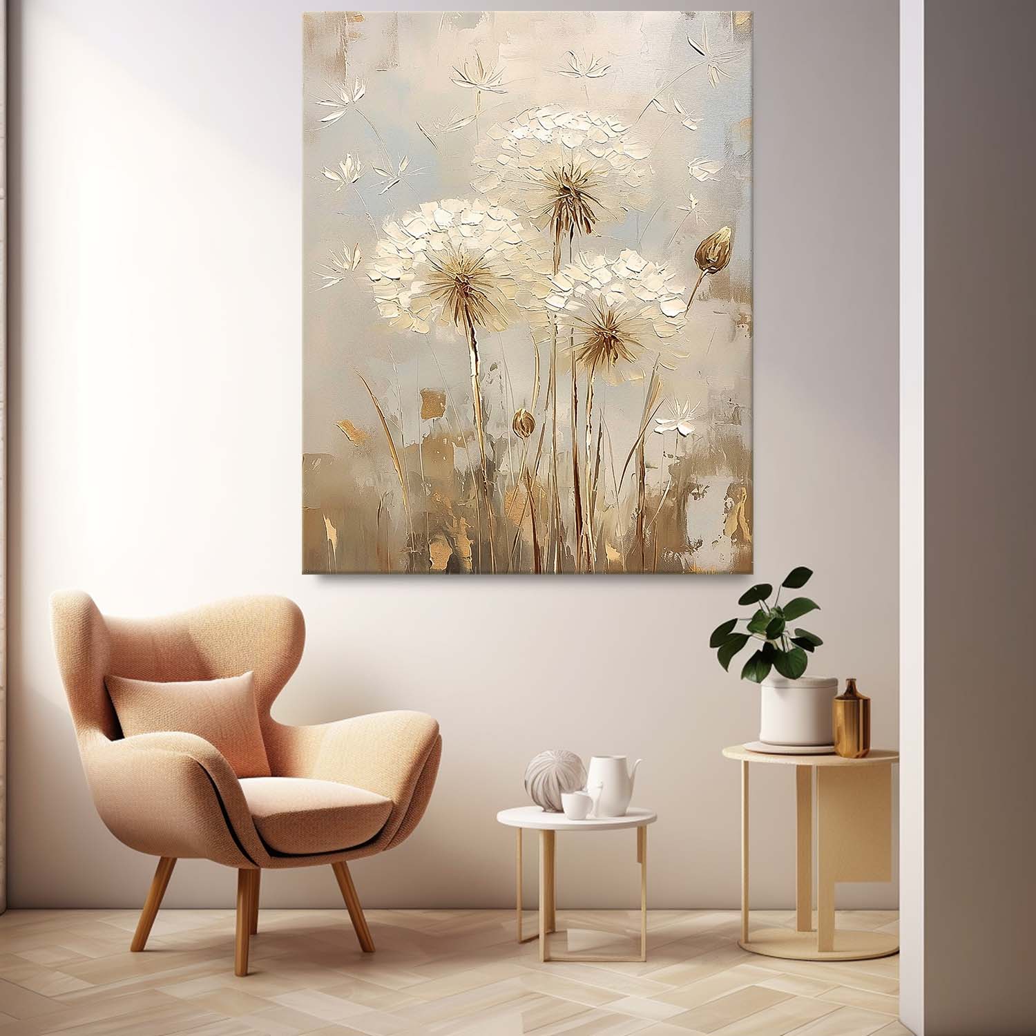 Abstract Flower Oil Painting on Canvas Delicate Dandelion Painting Wall Decor Large Original Texture Flowers Art