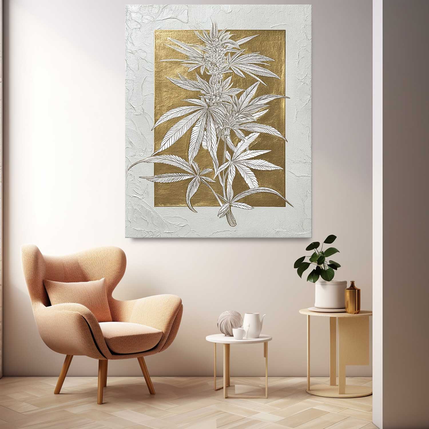 Gold Texture Plant Wall Art Large Flower Abstract Oil Painting Canvas Original Leaf Artwork Home Decor