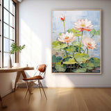 Large 3D Floral Textured Abstract Acrylic Wall Art Impressionism Pink Lotus Flowers Painting Framed For Sale