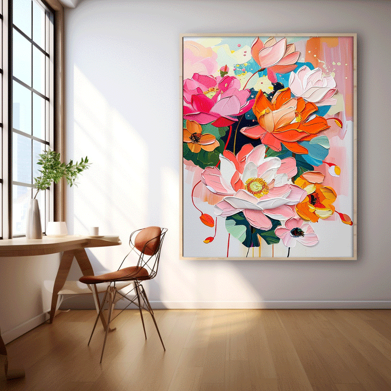 Abstract Colorful Lotus Flower Oil Painting on Canvas Big Original Texture Flowers Artwork Framed