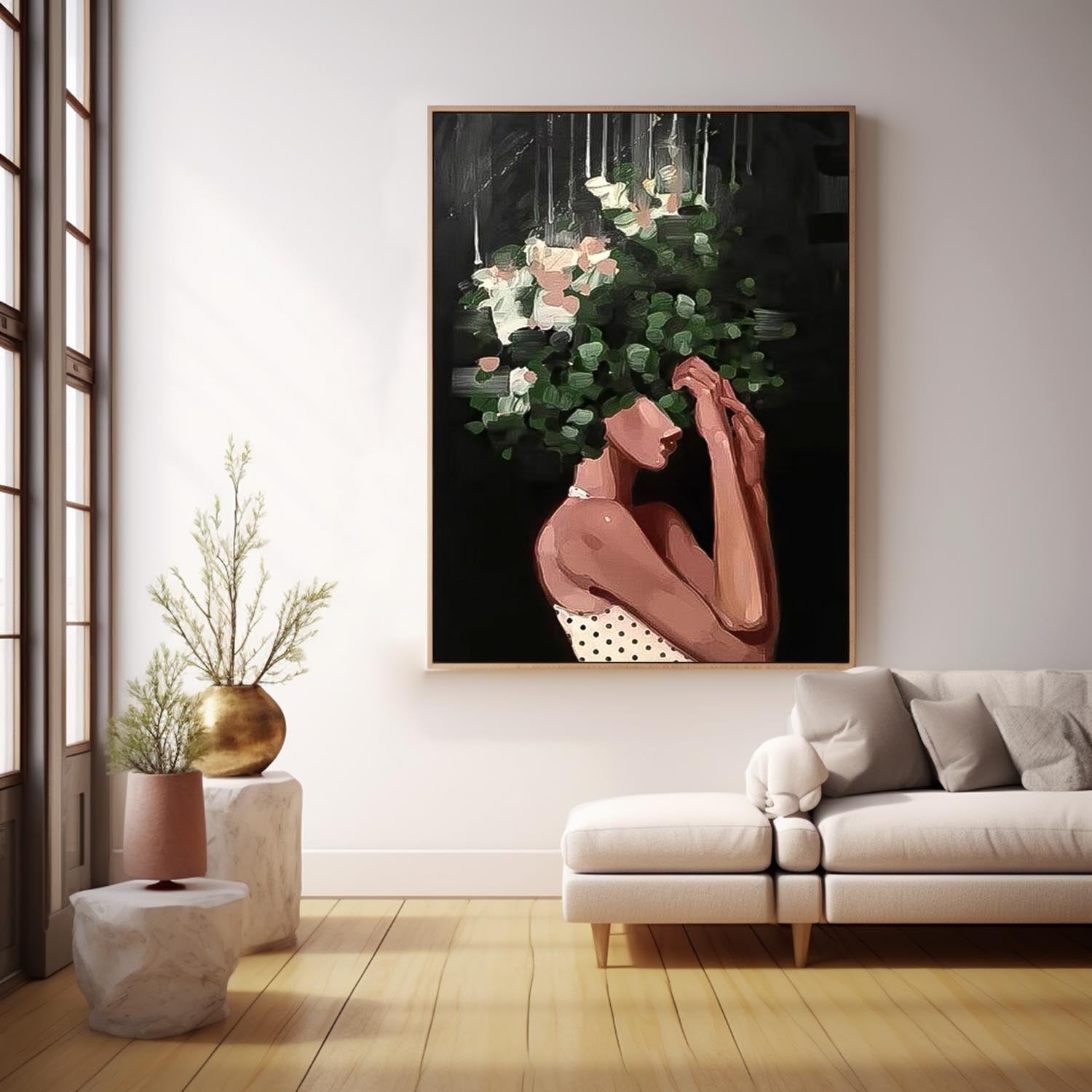 Abstract Lady Painting Woman Face Artwork Large Leaf Faceless Portrait Painting Original Wall Art
