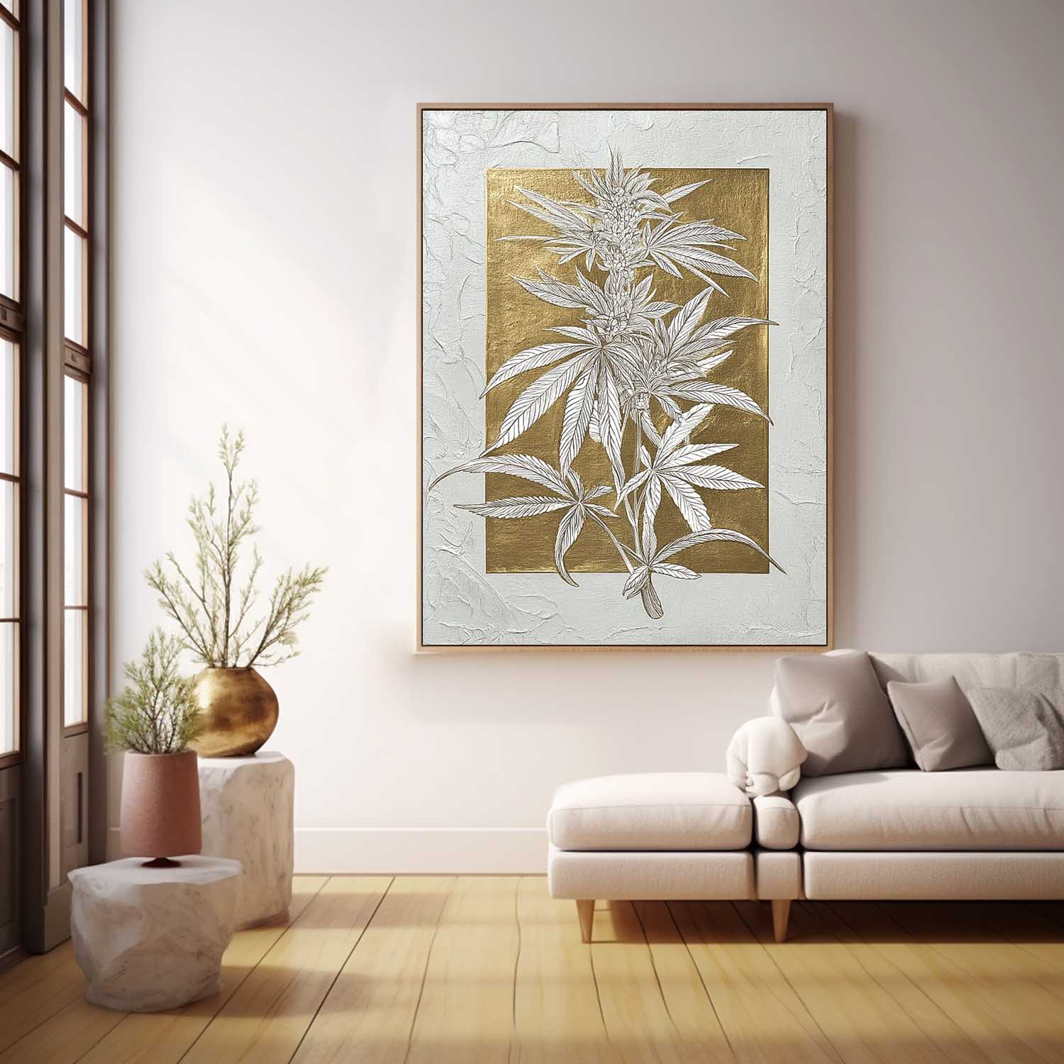 Gold Texture Plant Wall Art Large Flower Abstract Oil Painting Canvas Original Leaf Artwork Home Decor
