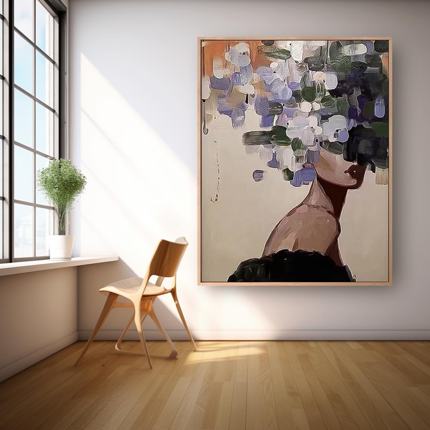 Large Faceless Portrait Artwork Abstract Lady Painting Woman Face Painting Original Flower Figurative Canvas Art Framed Woman Art Home Decor