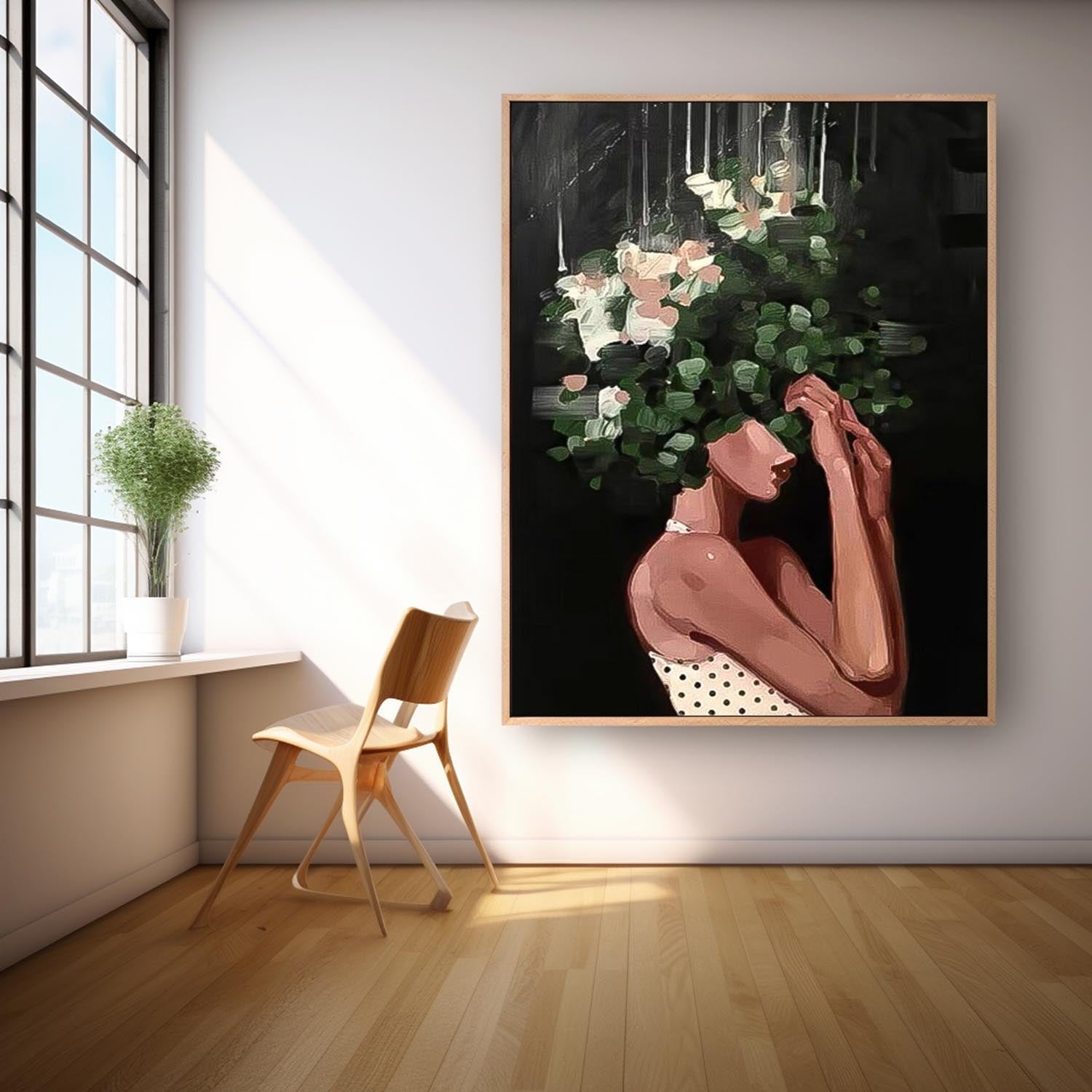 Abstract Lady Painting Woman Face Artwork Large Leaf Faceless Portrait Painting Original Wall Art