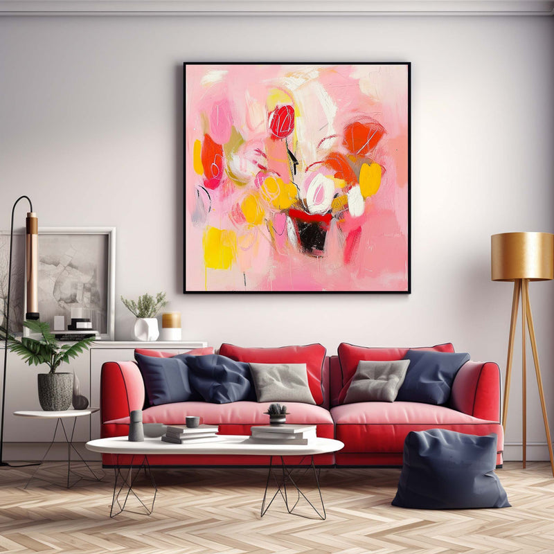 Square Abstract Graffiti Oil Painting Bright Pink Large Acrylic Painting Canvas Original Modern Wall Art For Living Room