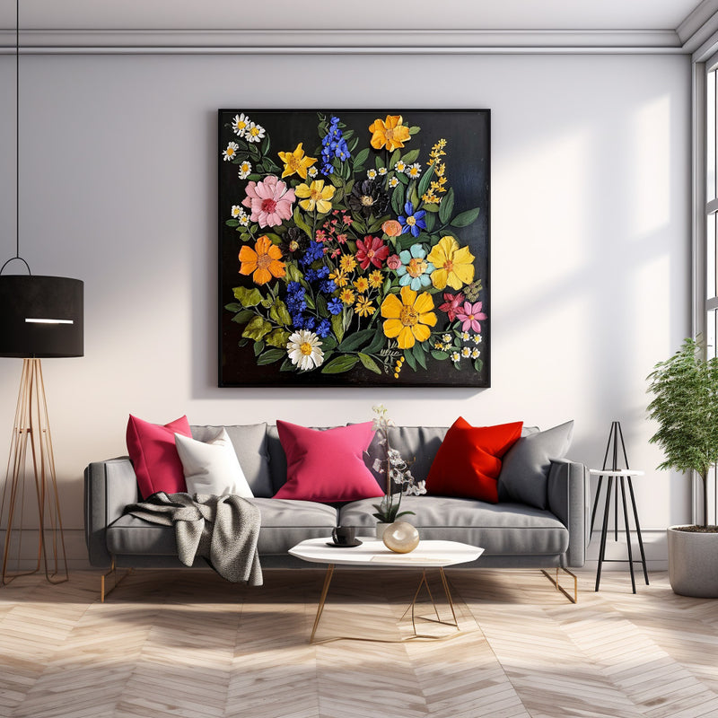 Thick Texture Floral Acrylic Painting Cute Flowers On Black Background Contemporary 3d Wall Art For Sale