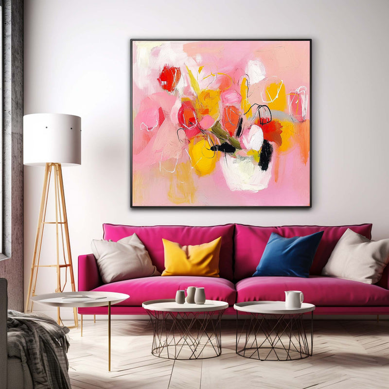 Square Abstract Graffiti Oil Painting Bright Pink Large Acrylic Painting Canvas Original Modern Wall Art For Living Room