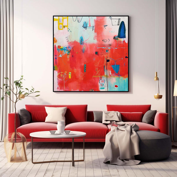 Contemporary Abstract Oil Painting Funny Doodles Original Wall Art New Red Abstract Painting Home Decor