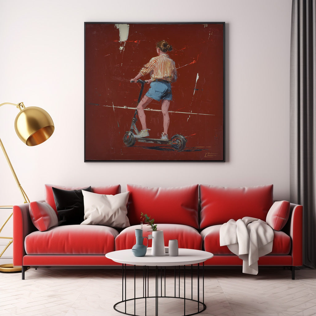Abstract Fashionable Street Style Original Red Wall Art Minimalist Energetic Girl Riding A Scooter Painting