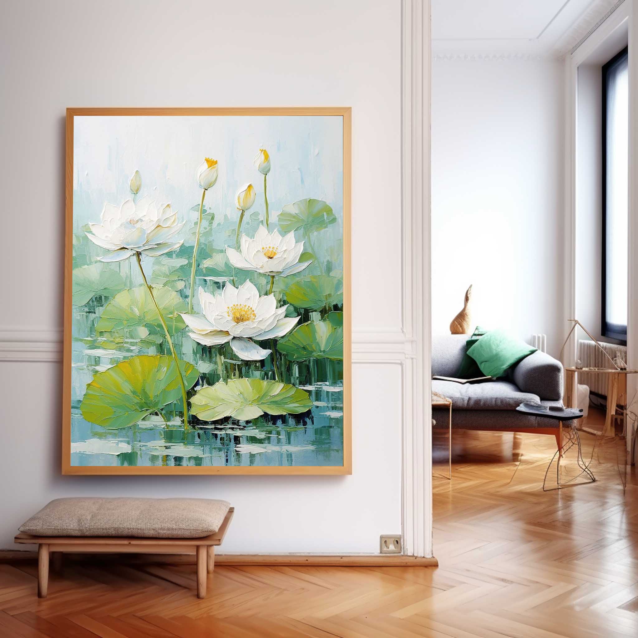 Impressionism Lotus Leaves And White Lotus Flowers Painting Framed Large Floral Textured Abstract Acrylic Wall Art