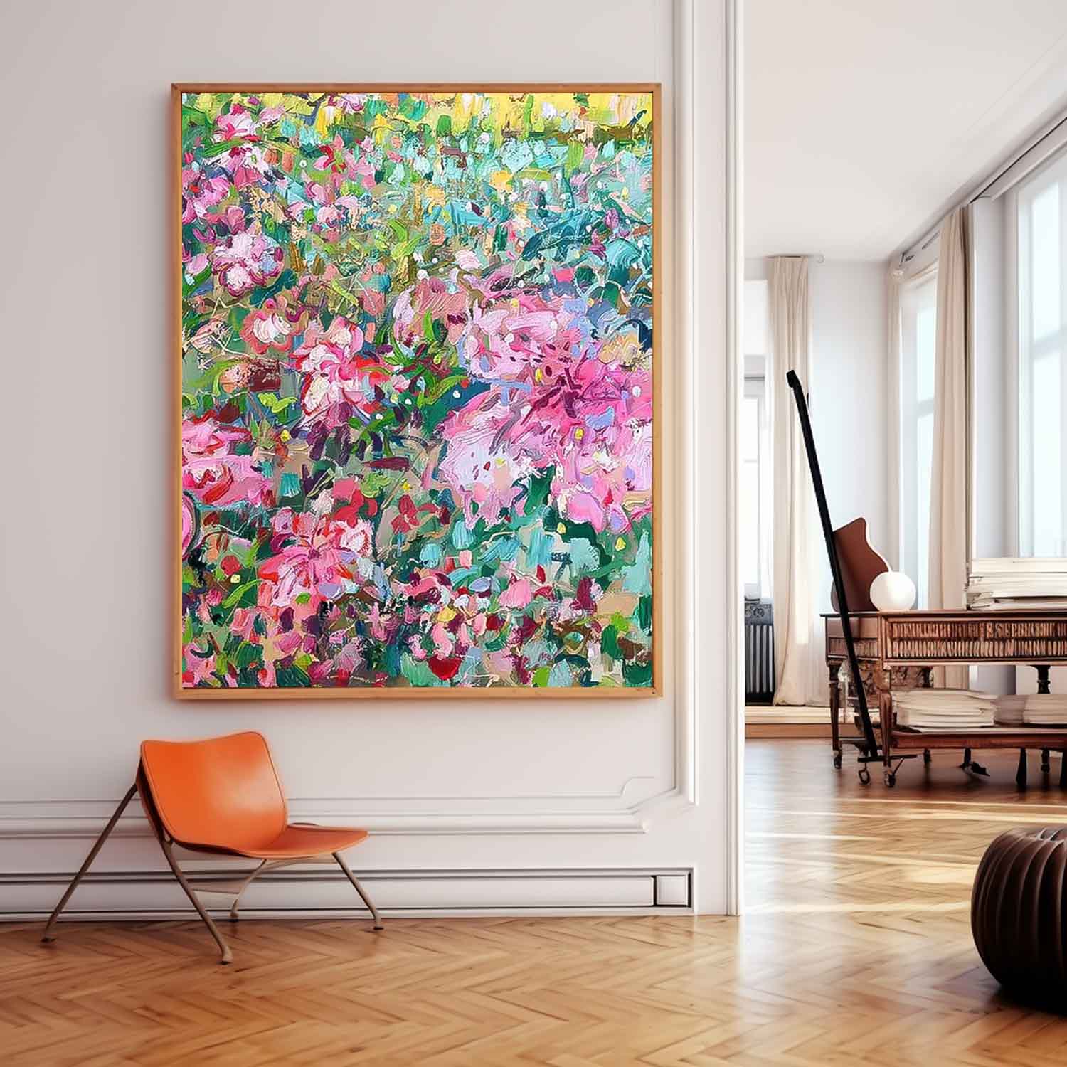 Pink Floral Green leaves Abstract Acrylic Wall Art Custom Painting On Canvas For Living Room