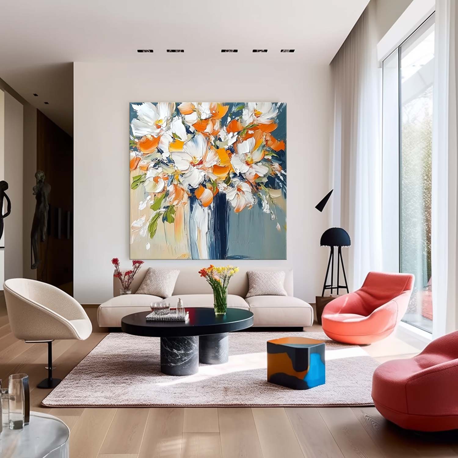 Original Exquisite Vase Art Large Orange color Textured Flower Painting Modern Floral Wall Art Home Decor