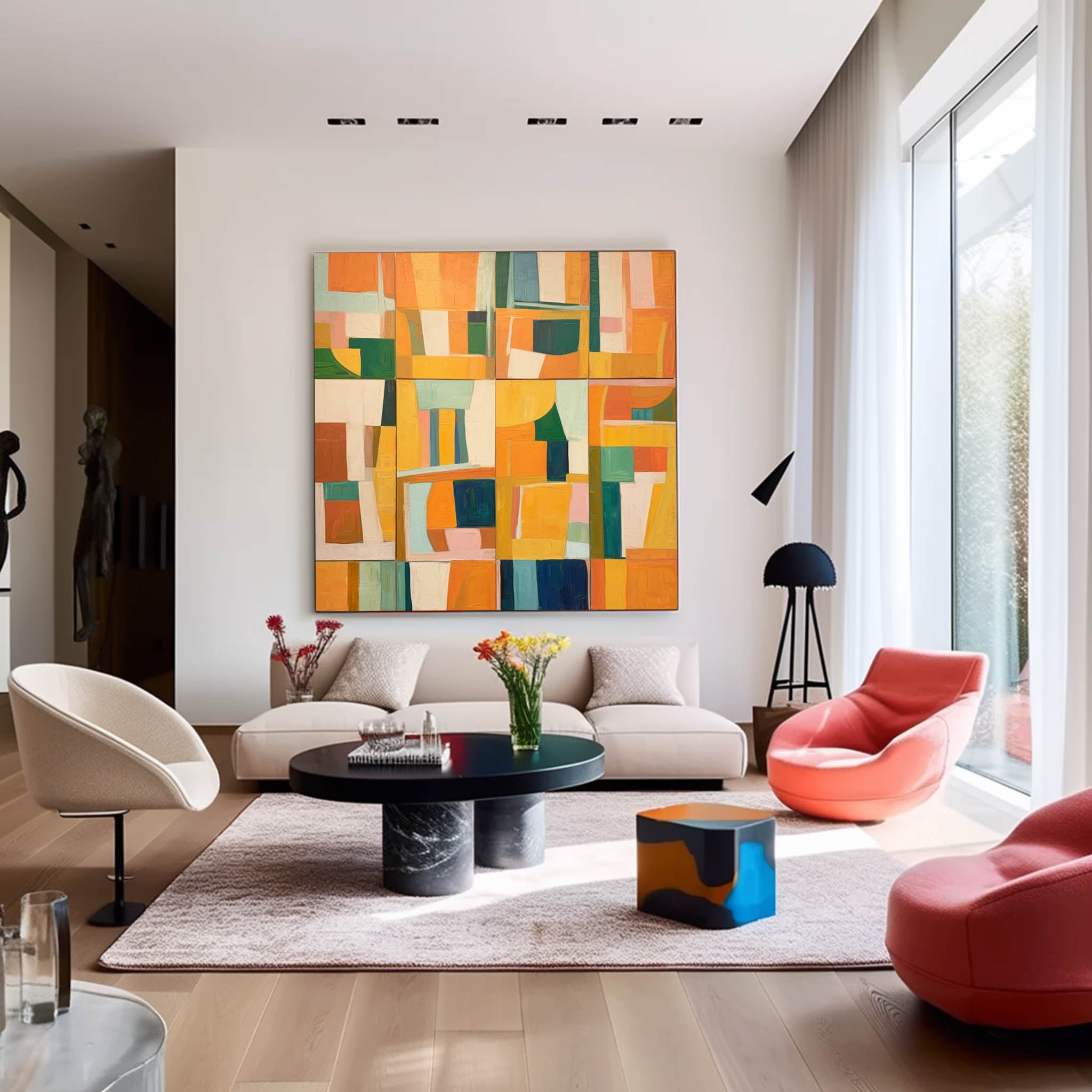 Square Abstract Geometry Oil Painting Bright Yellow Large Acrylic Painting Canvas Original Modern Wall Art Home Decor