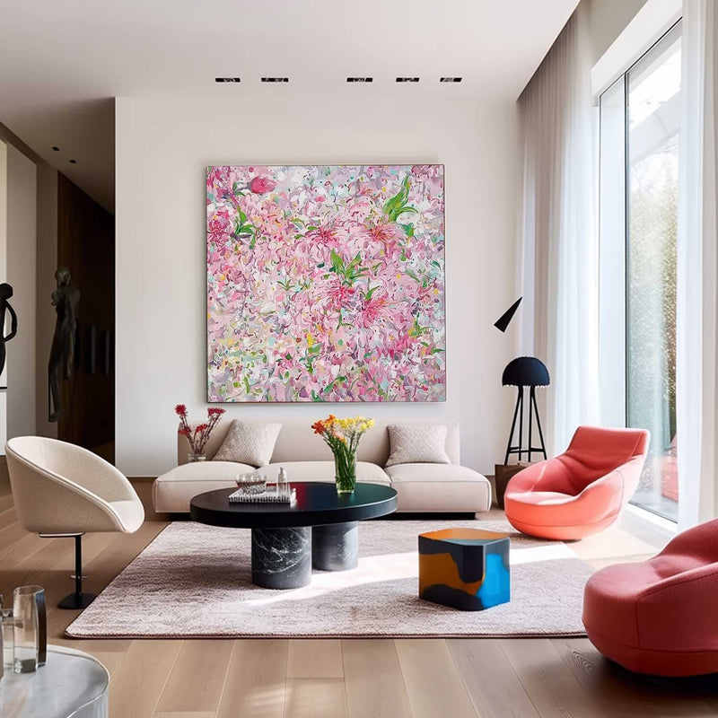 Square Pink Original Flower Wall Art Large Floral Acrylic Painting Modern Floral Oil Painting On Canvas