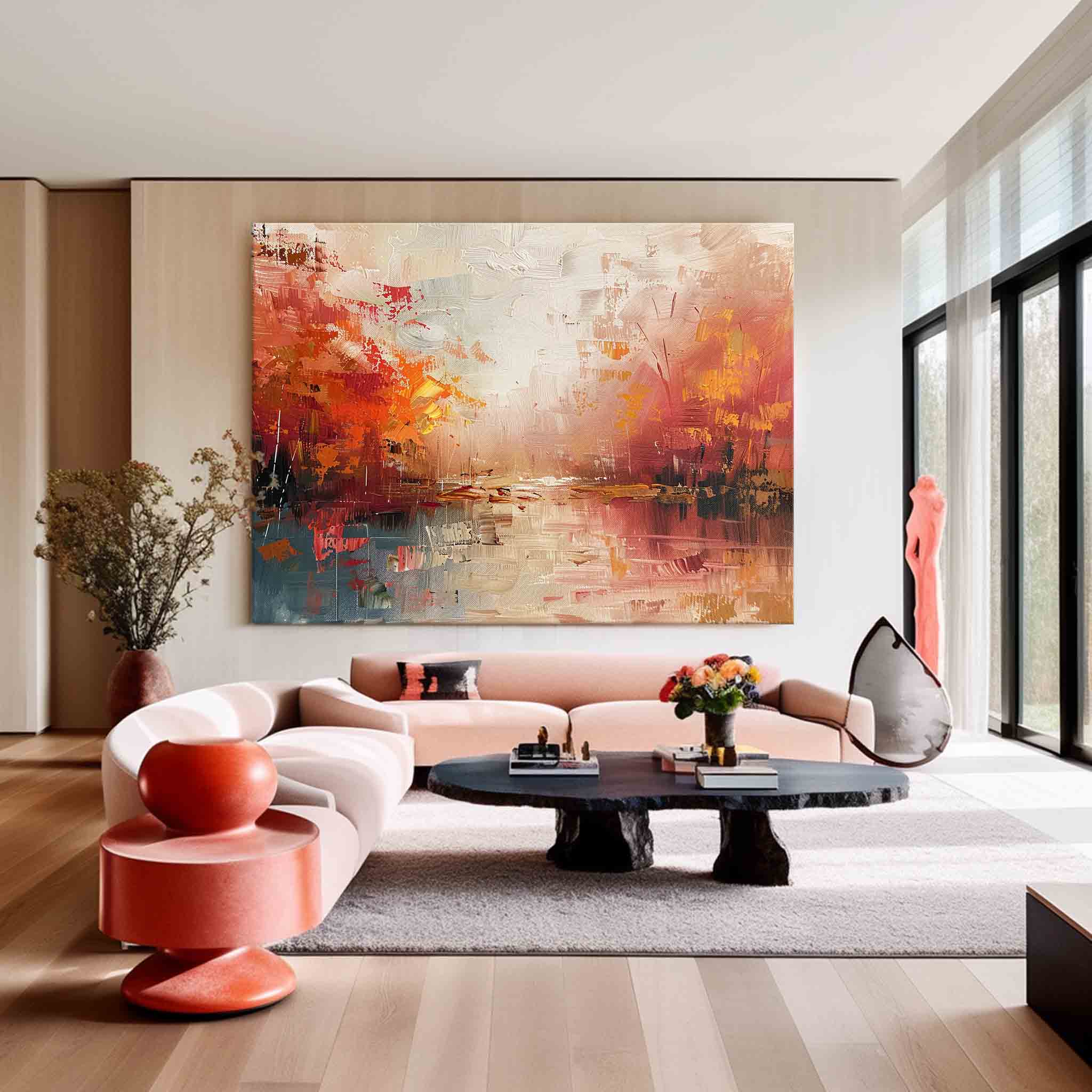 Red Abstract Landscape Oil Painting On Canvas Framed Texture High Quality Wall Art Original Scenery Artwork