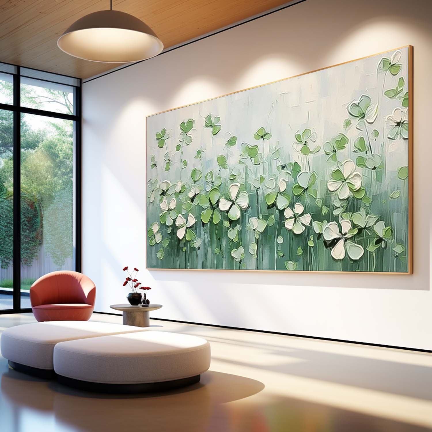 Large Green Four Leaf Clover Wall Art Textured Flower Acrylic Painting Original Painting On Canvas Framed Decor