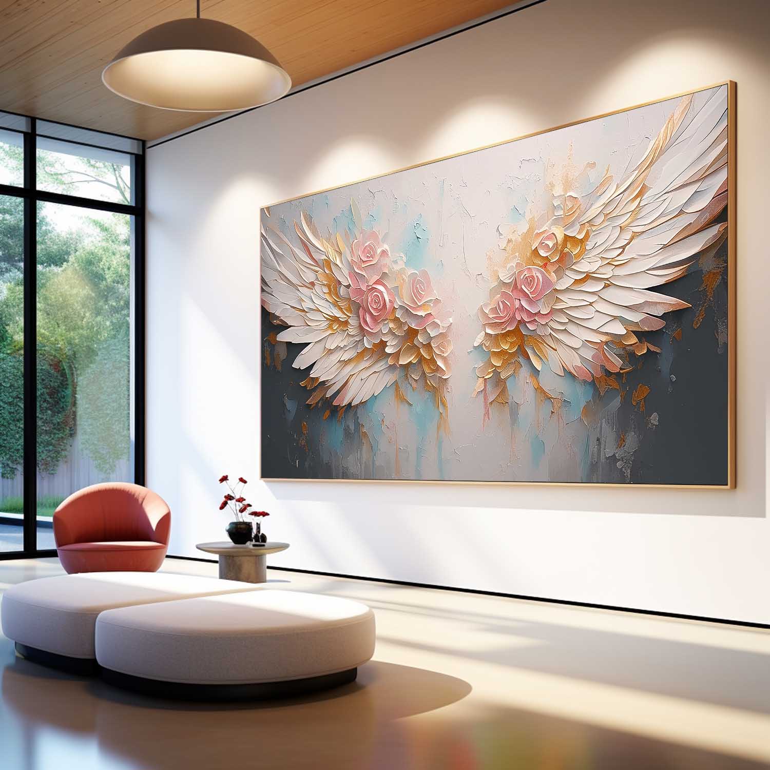 Original Wing Art Boho Wall Decor Big Abstract Angel Wing Flowers Oil Painting On Canvas Large Wall Art Gift for Her