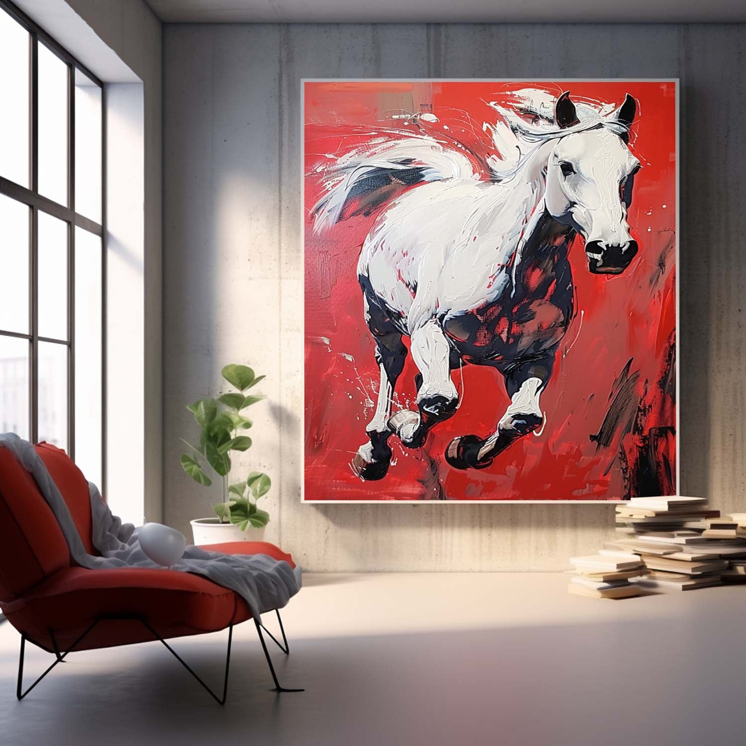 White Horse Oil Painting Modern Red background Texture Animal Oil Painting Impressionist Horse Wall Art Decor